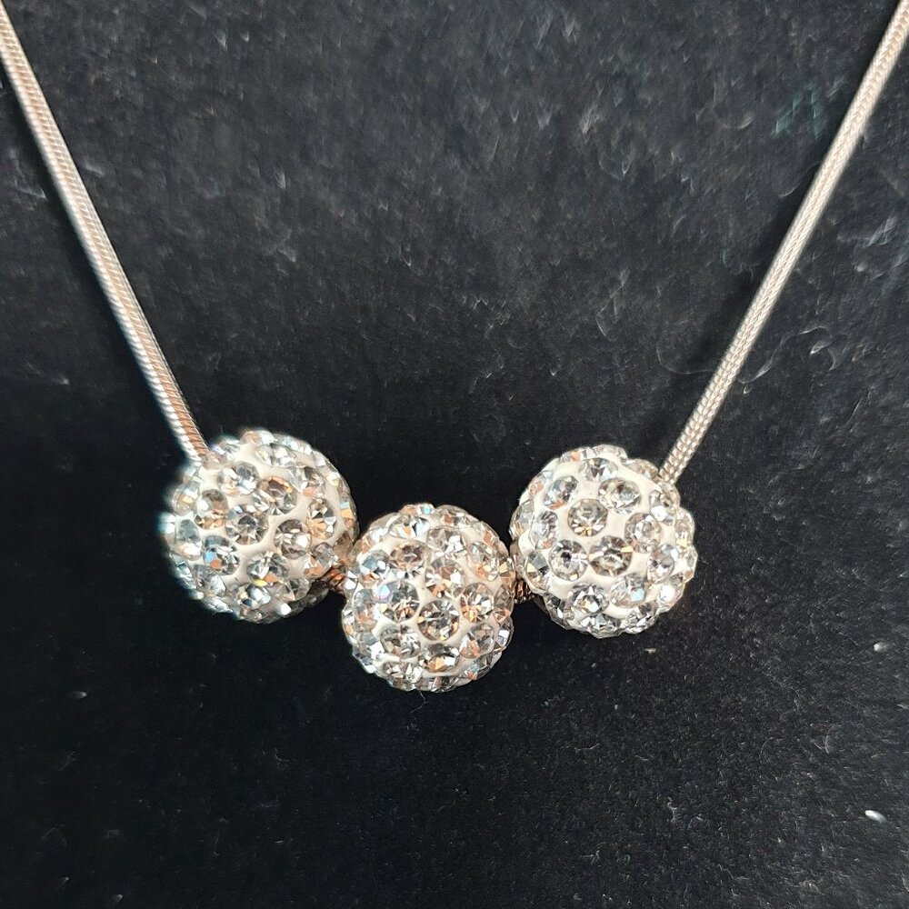Elegant 925 Sterling Silver Pave Crystal Triple Ball Bead Necklace